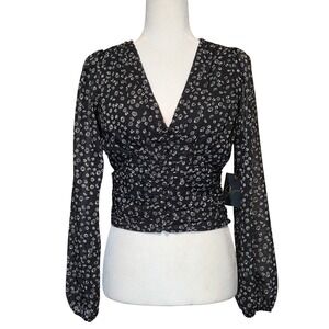 Japna Sheer Floral Smocked Deep V Crop Top Dark Romantic Feminine Womens S NEW